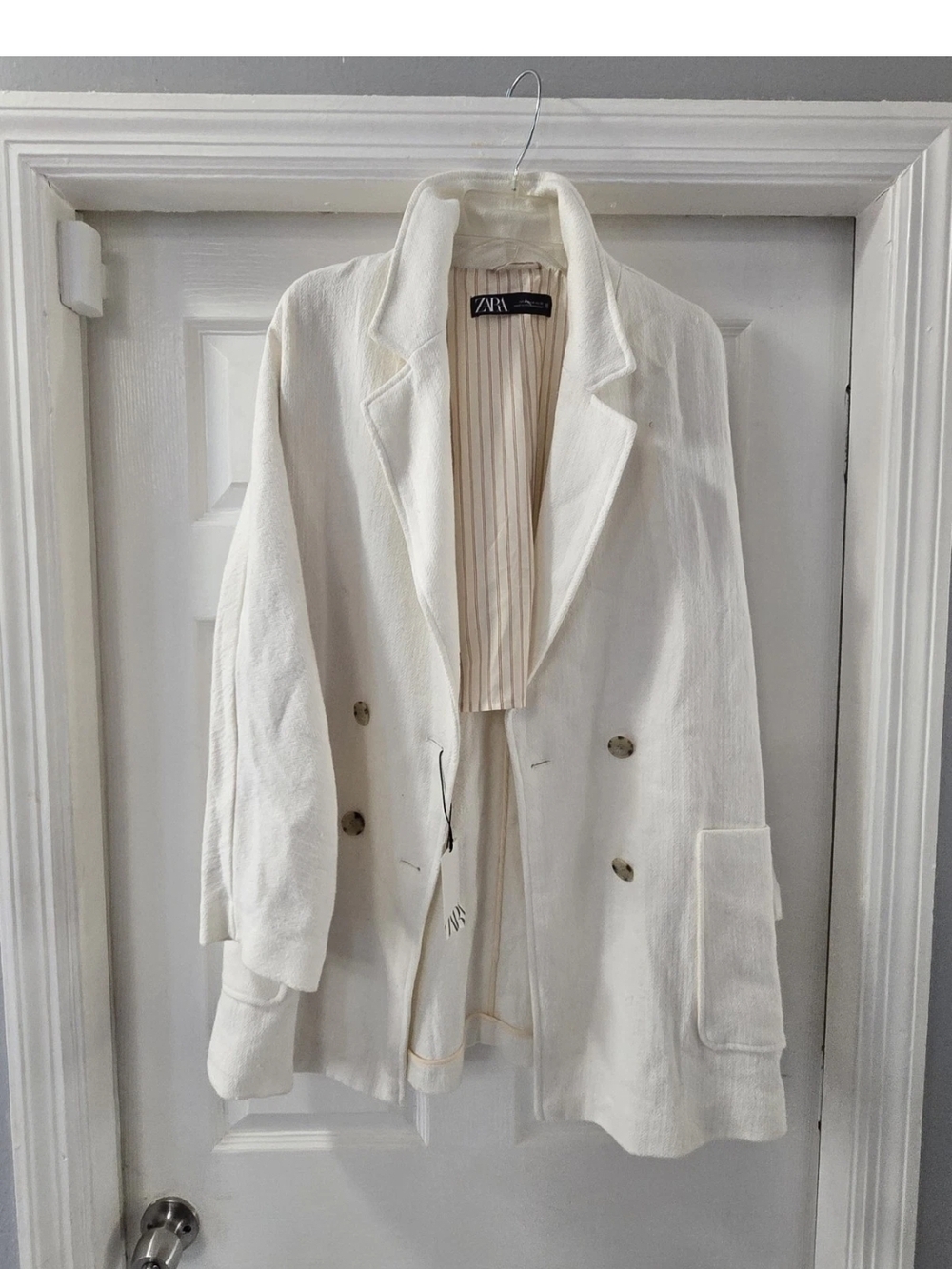 Zara Women's Cream Double-Breasted Blazer Coat